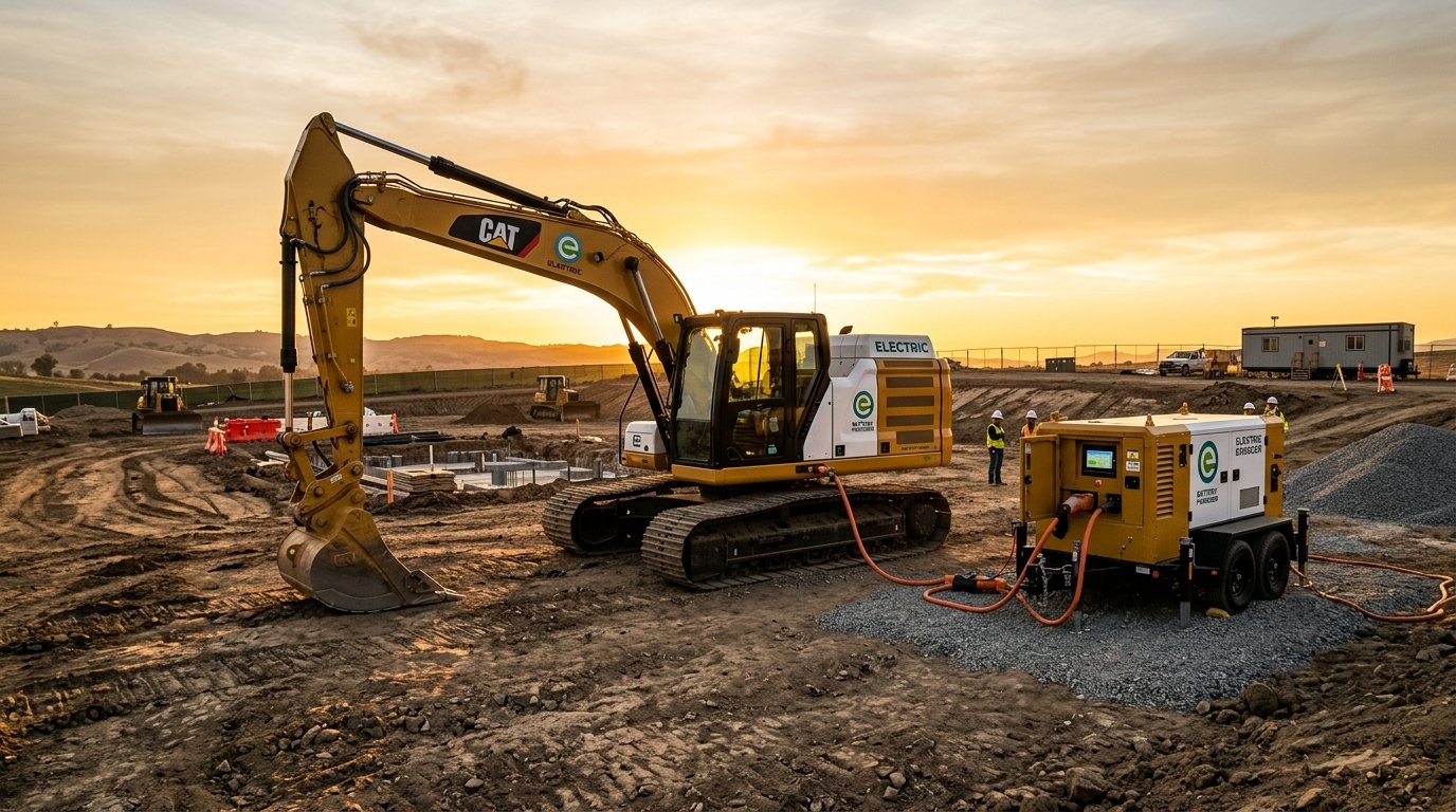 Electric excavator and mobile charger on dirt construction site