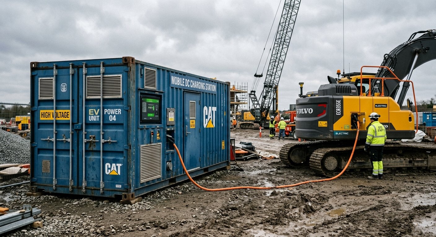 Containerized mobile DC charger connected to construction equipment