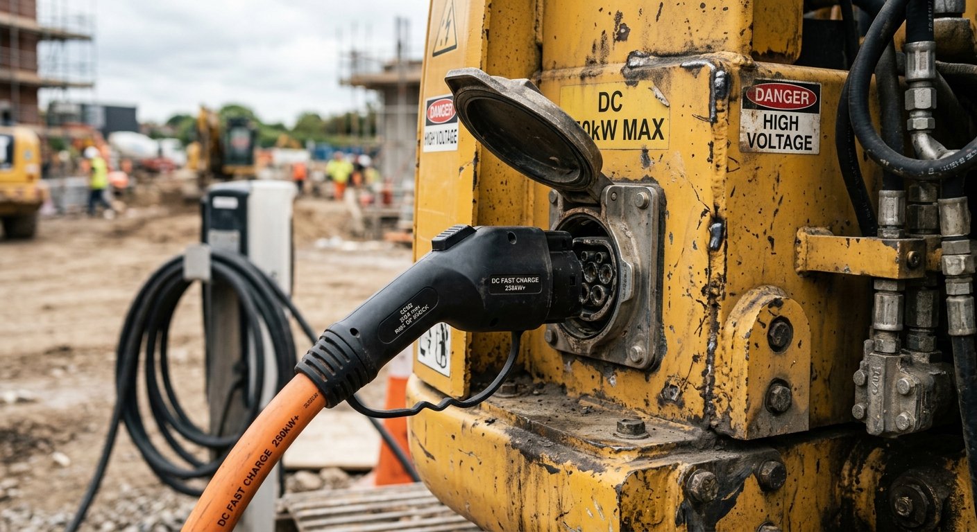 DC charging connector plugged into electric excavator charging port