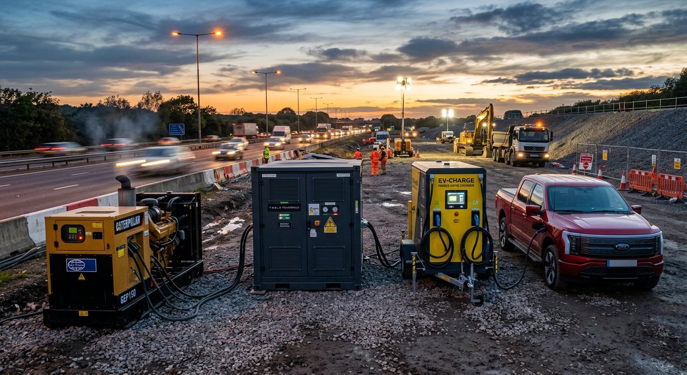 Diesel generator and battery buffer powering mobile EV charger at highway construction site