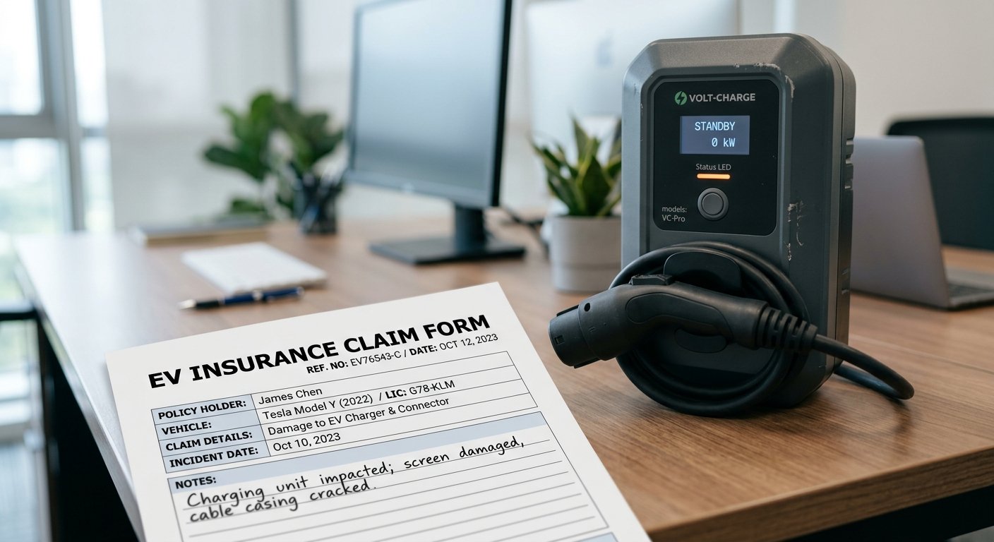 Insurance claim document beside an EV charger unit on a desk