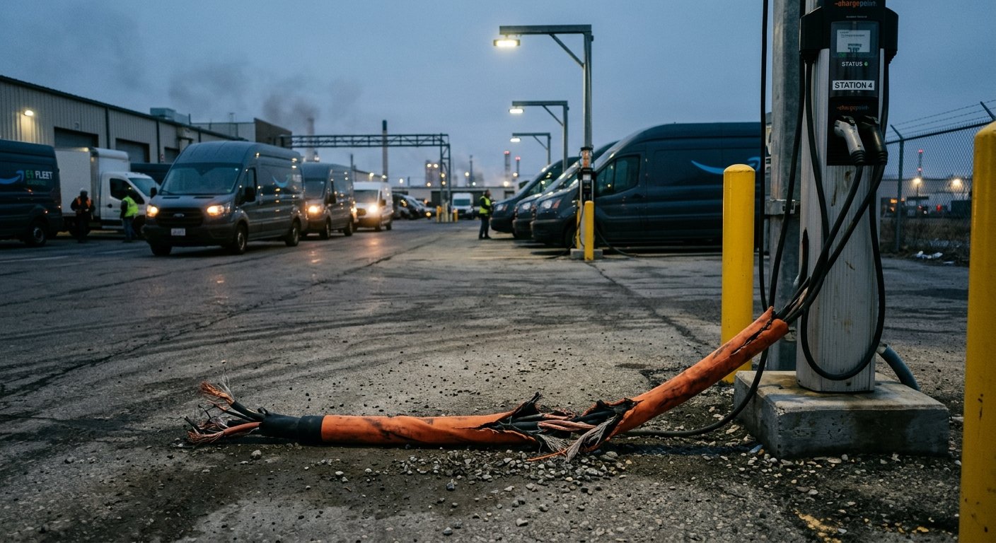 Damaged EV charging cable at a fleet charging depot