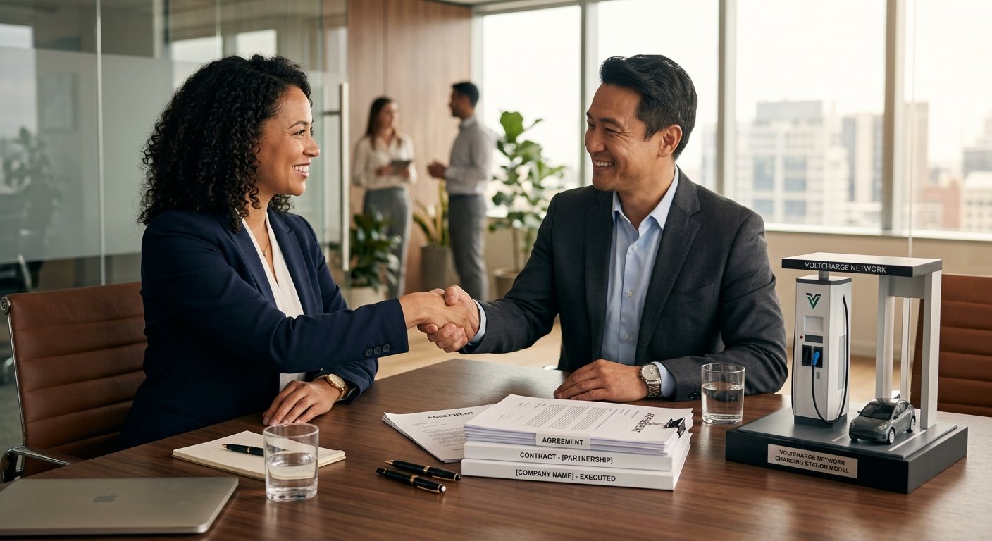 Business professionals reviewing an insurance and liability contract for EV chargers