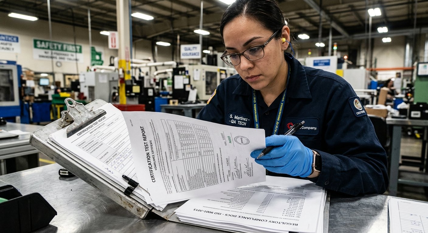 Technician reviewing EV charger certification test report documents