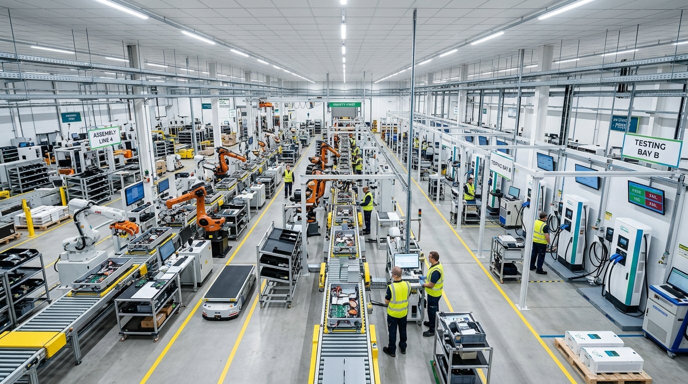 Automated EV charger production line with separated assembly and test zones