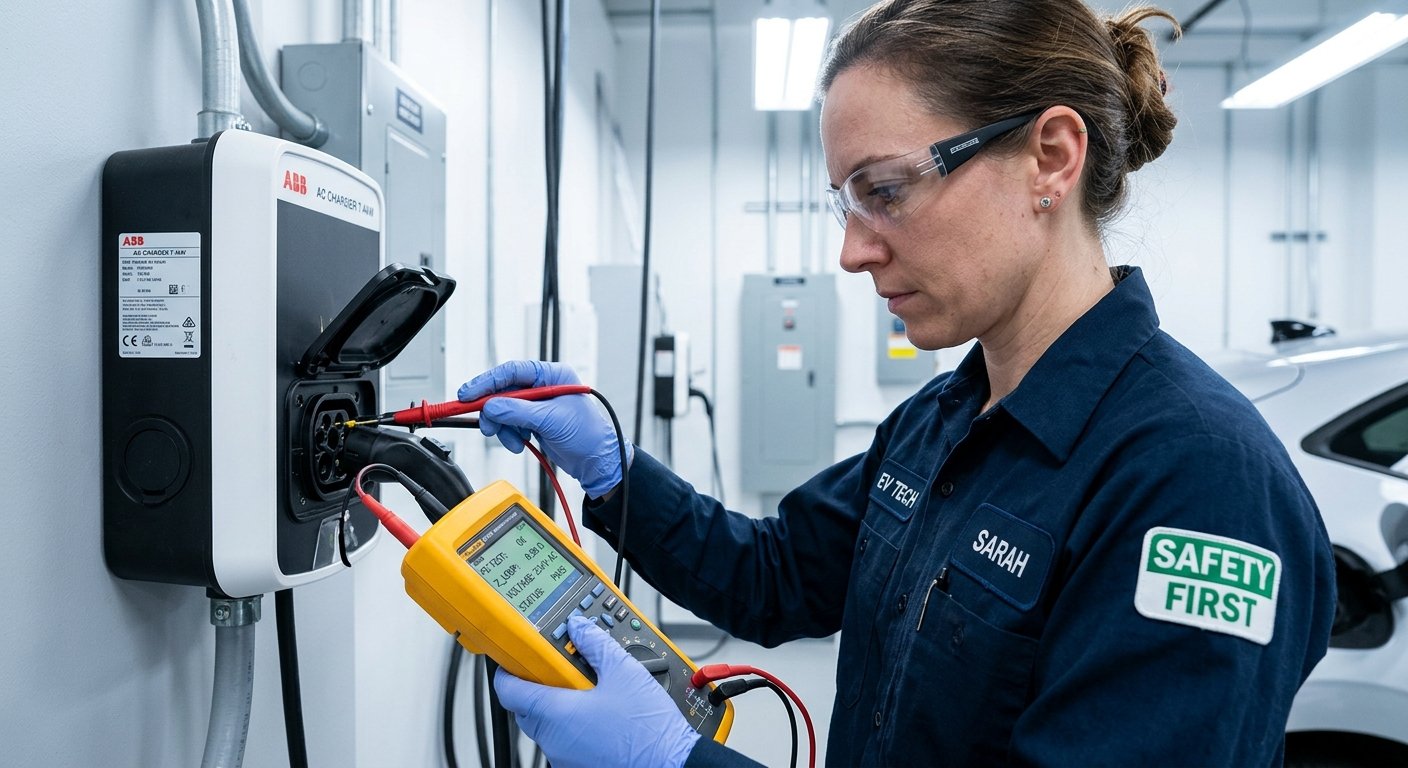 Technician performing hipot and ground continuity safety test on EV charger