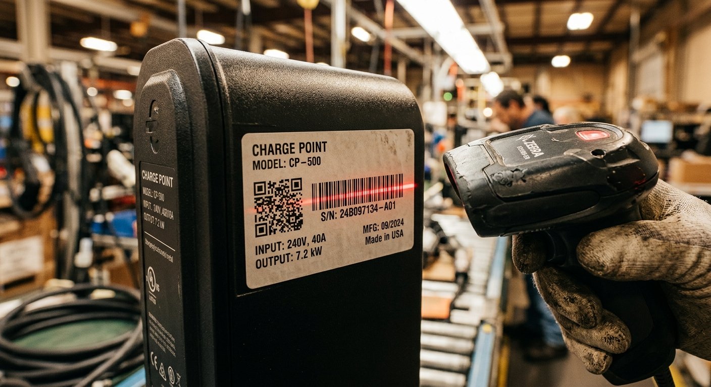 Serial number and barcode label on EV charger enclosure being scanned for traceability