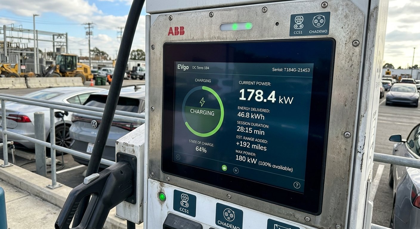 DC fast charger display showing real-time power output data