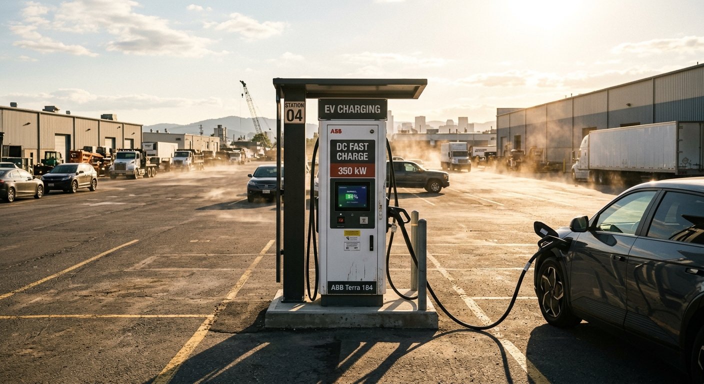 Outdoor DC EV charger operating under direct sunlight in a commercial lot