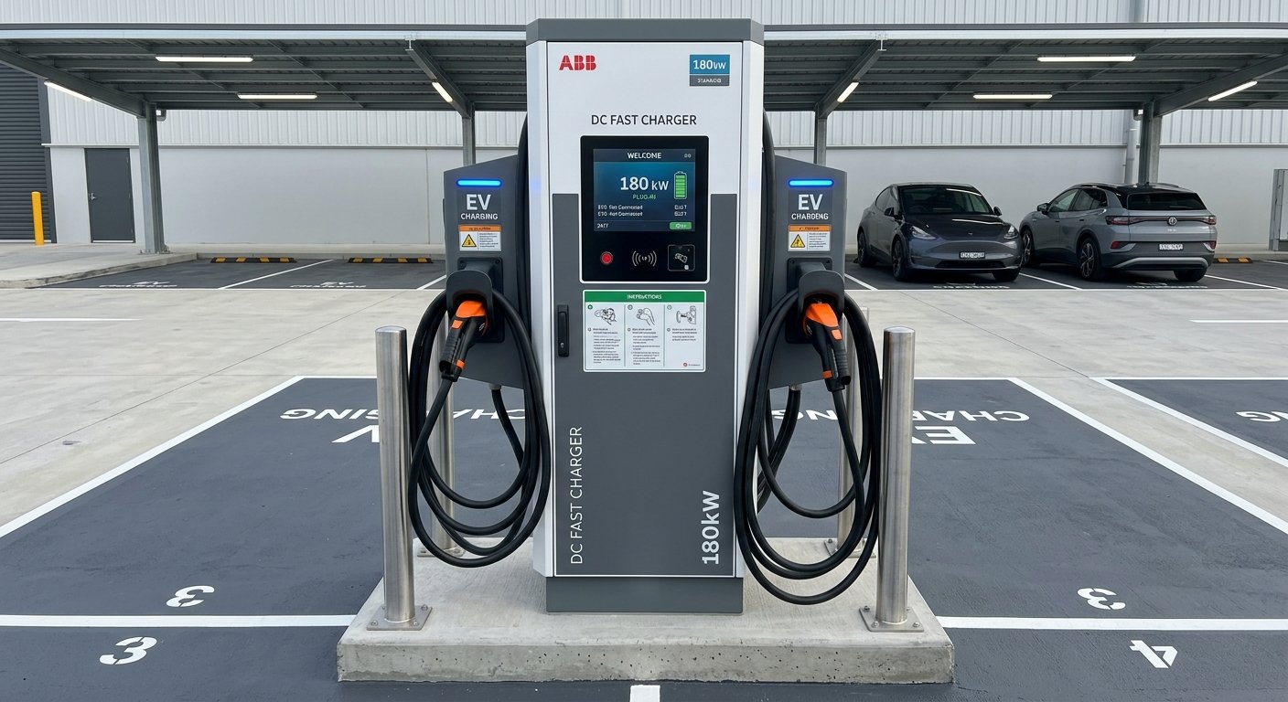 Dual-connector DC fast charger in an industrial charging bay