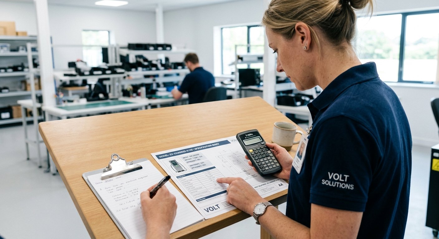 Engineer reviewing a printed EV charger specification sheet with a clipboard