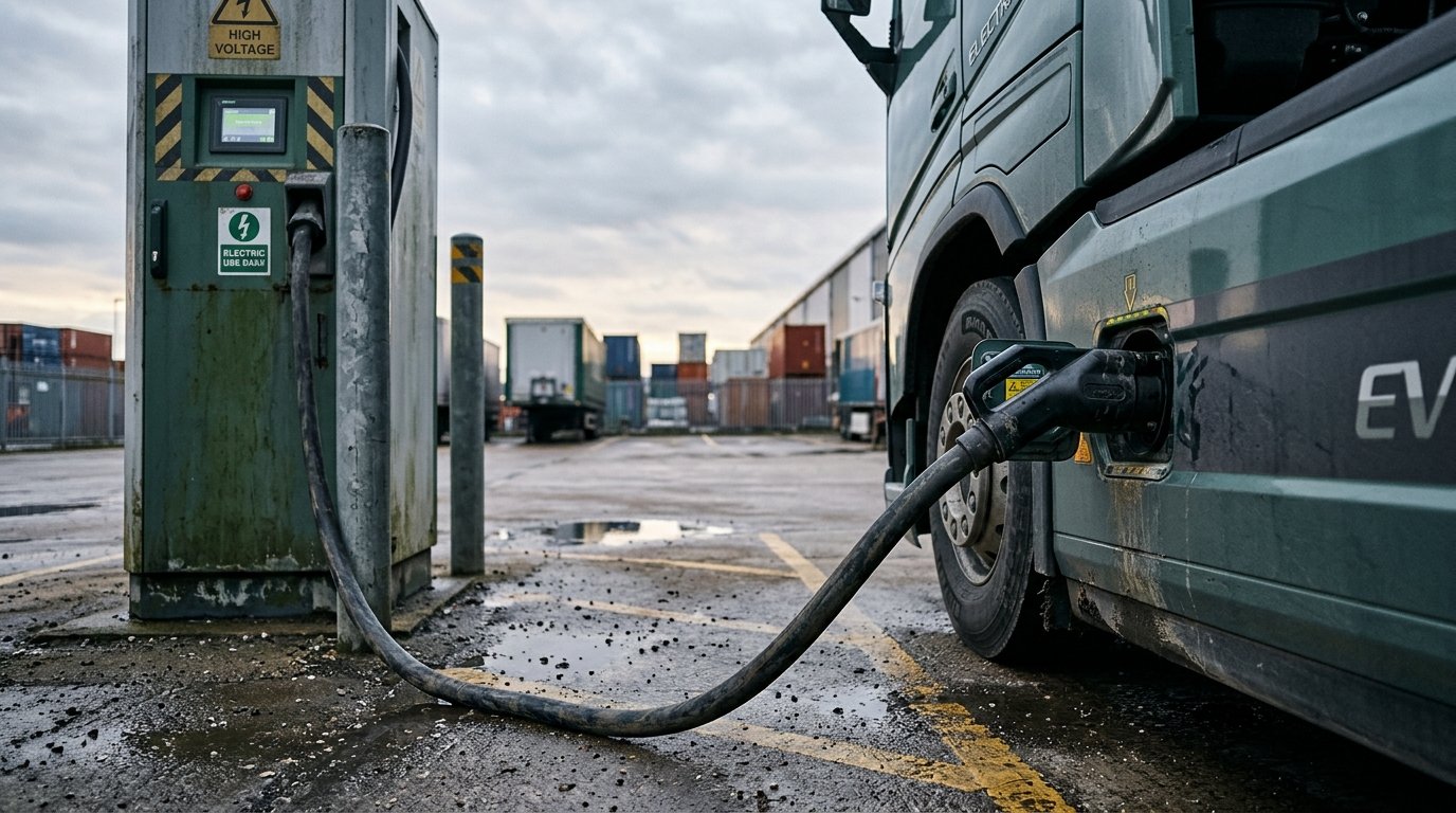 Electric truck charging session at a high-power cabinet in an industrial yard
