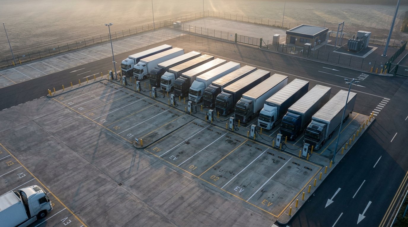 Aerial view of a truck charging yard with marked bays and charging posts