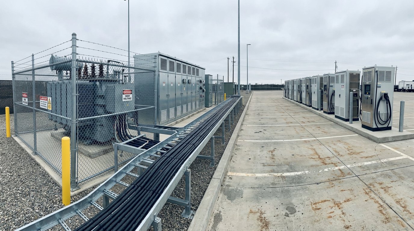 Transformer and switchgear installation beside a heavy vehicle charging apron