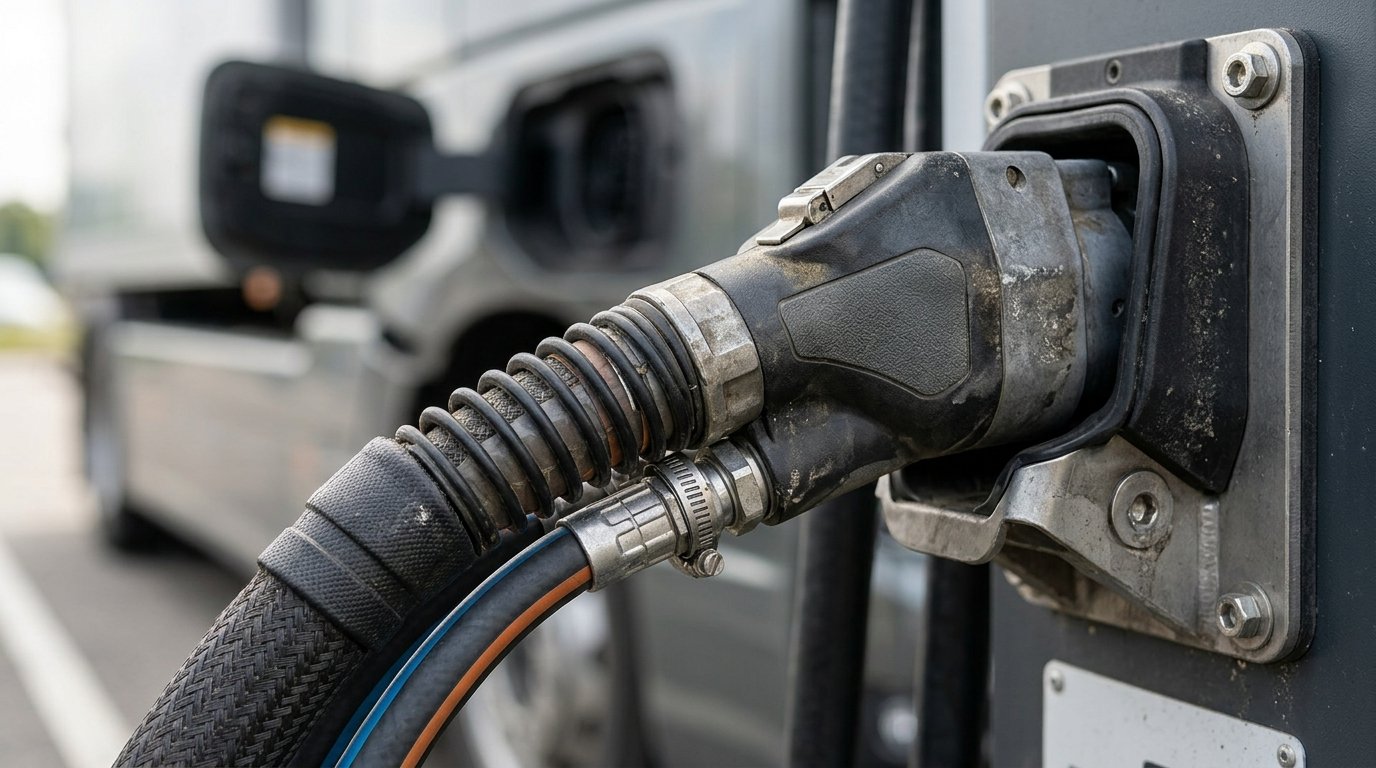 Liquid-cooled megawatt charging connector resting in its holder with coolant hoses visible