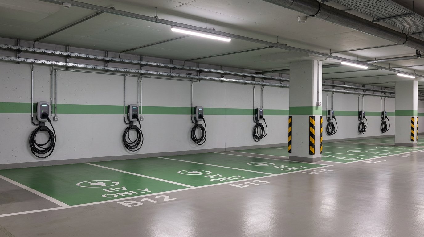 Row of AC EV charging units with coiled cables in a commercial office parking garage