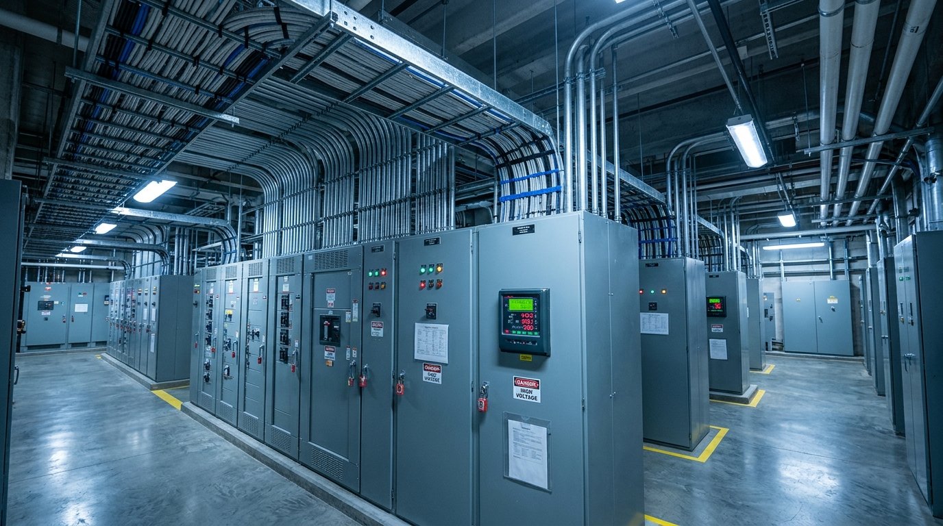 Commercial electrical distribution panels and metering equipment serving EV charging circuits