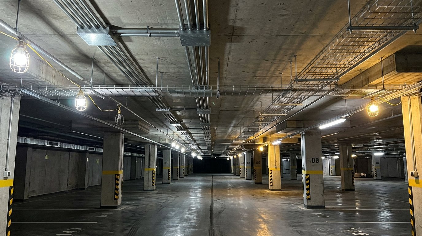 Spare conduit and cable trays installed along a parking garage ceiling ahead of future EV charger installation